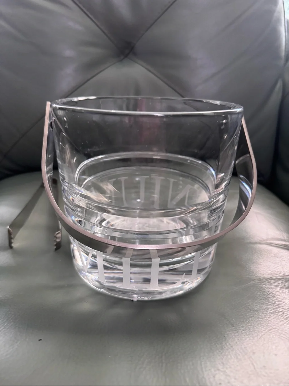 RARE Miller Rogaska Crystal Glass Ice Bucket with Silver-Toned Handle and Tongs